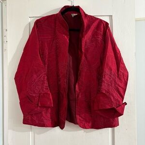 100% Silk Embroidered Red Women's Open-Front Jacket